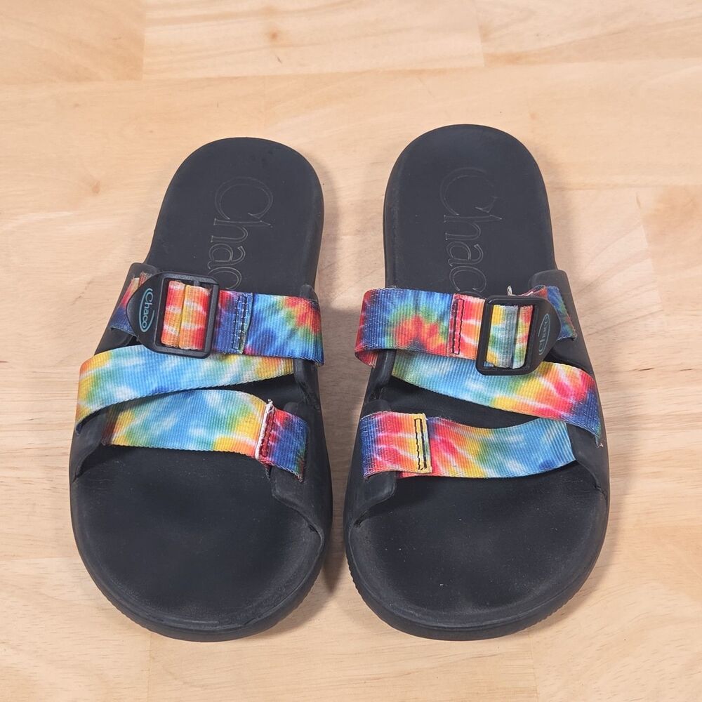 Chaco Women's Sz 8 Tie Dye Chillos Slide Lightweight Black Sandals Hippie Rainbo